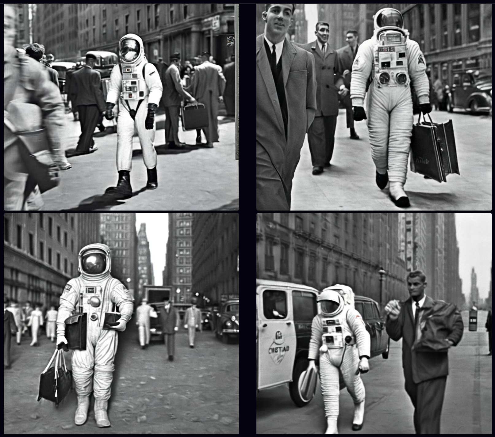 4 images of an astronaut in retro New York, with other people milling around