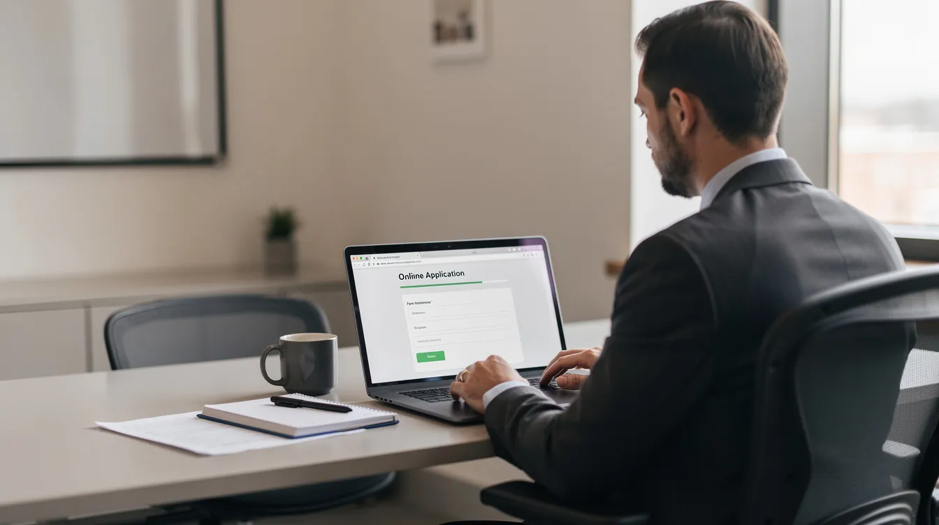 A professional is seated at a desk, focused on a laptop to complete an online application, likely related to contract surety bonds, which provide financial protection and guarantee performance in various industries, including construction. The workspace is organized, emphasizing a productive environment for managing financial obligations and applications.