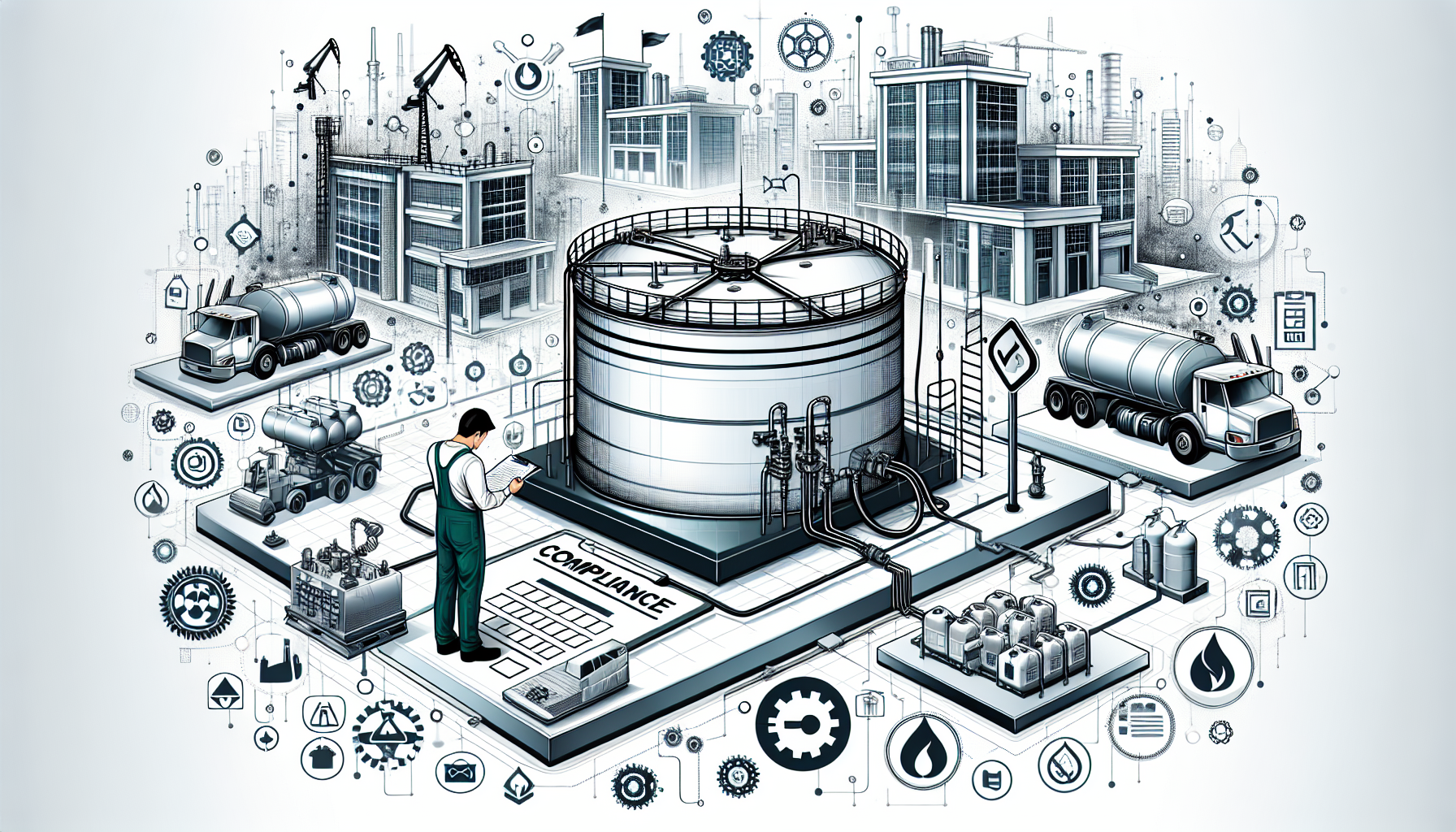 An illustration showing compliance with regulations related to fuel storage tanks, emphasizing local and federal requirements.