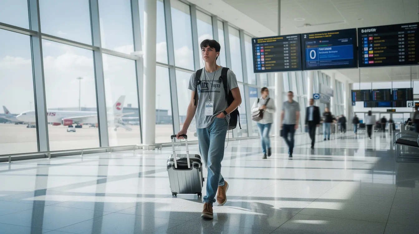 A university student is walking through an airport terminal, pulling a carry-on suitcase, likely on their way to catch their next flight. This image captures the essence of student travel, emphasizing the journey and exploration opportunities available through British Airways and their student discounts.