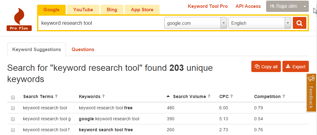 herramienta de palabras clave - búsqueda