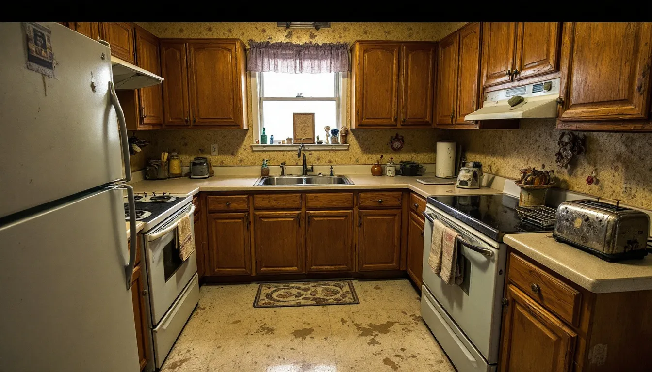 The image depicts a cluttered and outdated kitchen with worn cabinets and a cramped layout, showcasing older appliances and limited countertop space that may hinder meal prep and cooking efficiency. This kitchen, common in older homes, highlights the need for a remodel to improve functionality and enhance the overall design style.