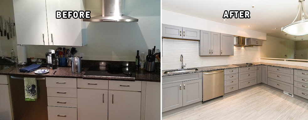 Before and after kitchen remodeling project with gray shaker cabinets