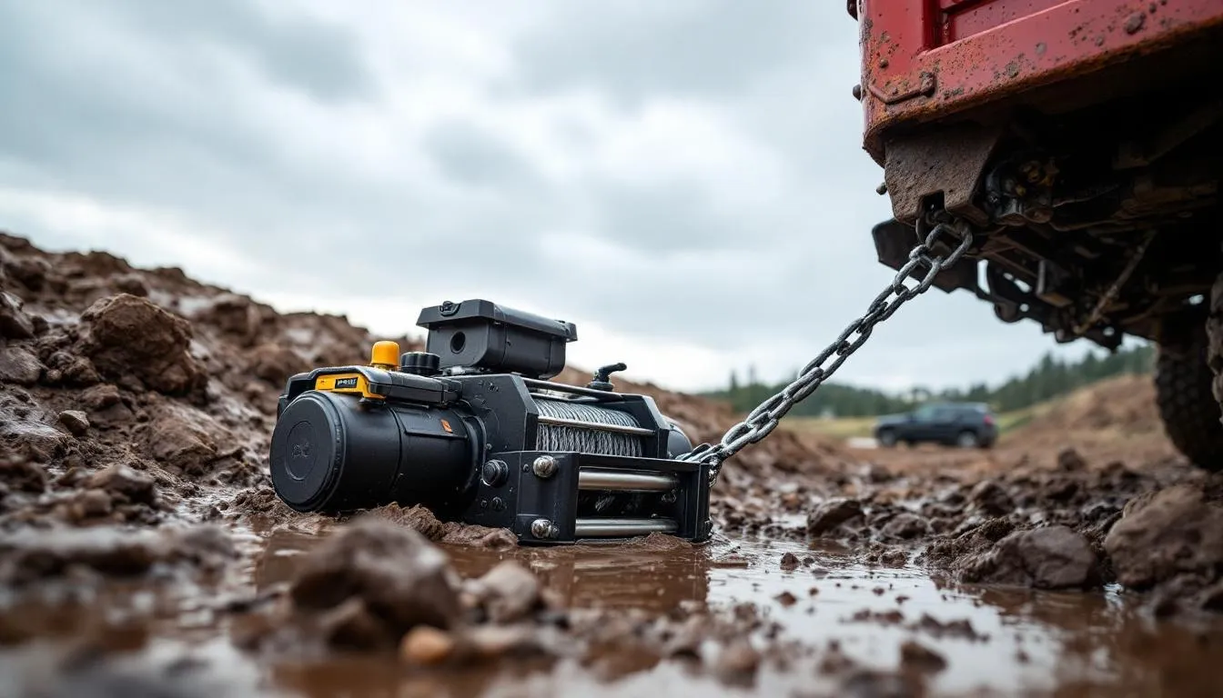 A real-life application of a hydraulic winch in action during a recovery operation.