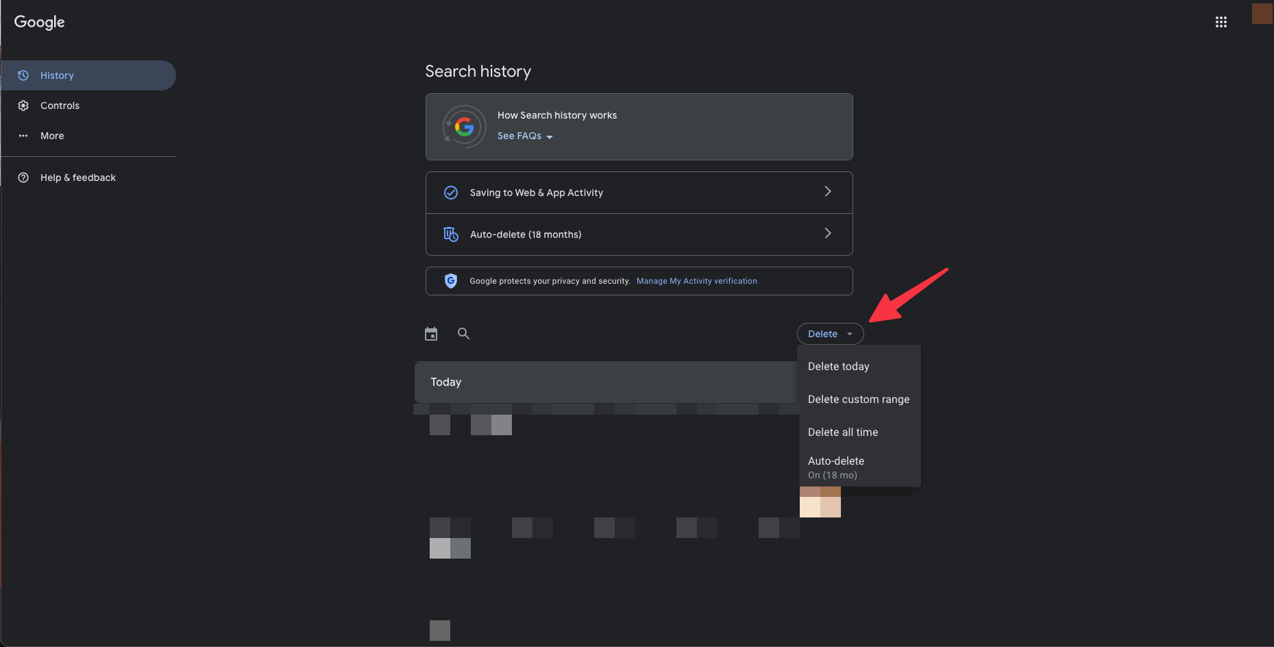 Remote.tools shows how to clear Google search history from your Google Account. Tap on Delete drop down to delete upto 18 months of search history from your Google Account