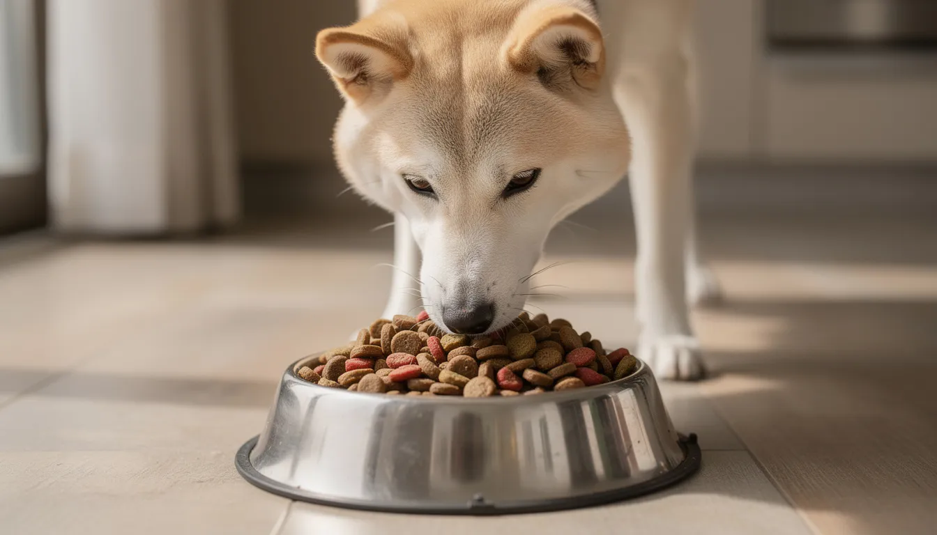 A Korean Jindo dog is happily eating high-quality kibble from a dog bowl, showcasing its lean appearance and upright ears. Known for their loyalty, this medium-sized dog breed originates from South Korea and is often recognized for its gentle nature and strong hunting instincts.