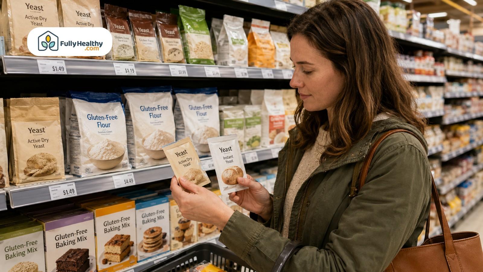 Shopper comparing yeast packets near gluten-free flour and baking mixes in supermarket