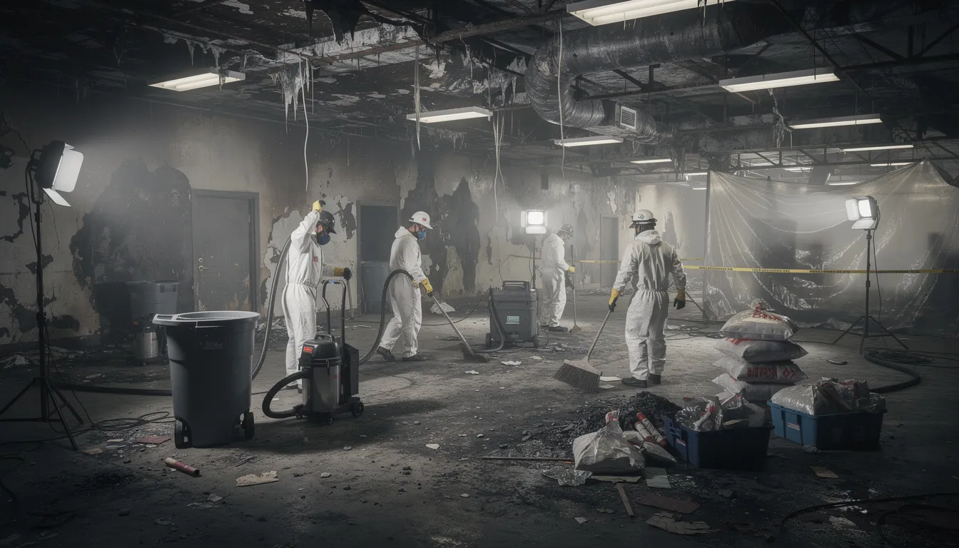 An industrial restoration crew, clad in protective gear, is actively engaged in the fire damage restoration process inside a commercial building that has suffered extensive fire and smoke damage. They are assessing the affected areas, preparing to clean and restore the structure to its original state while ensuring safety and compliance.