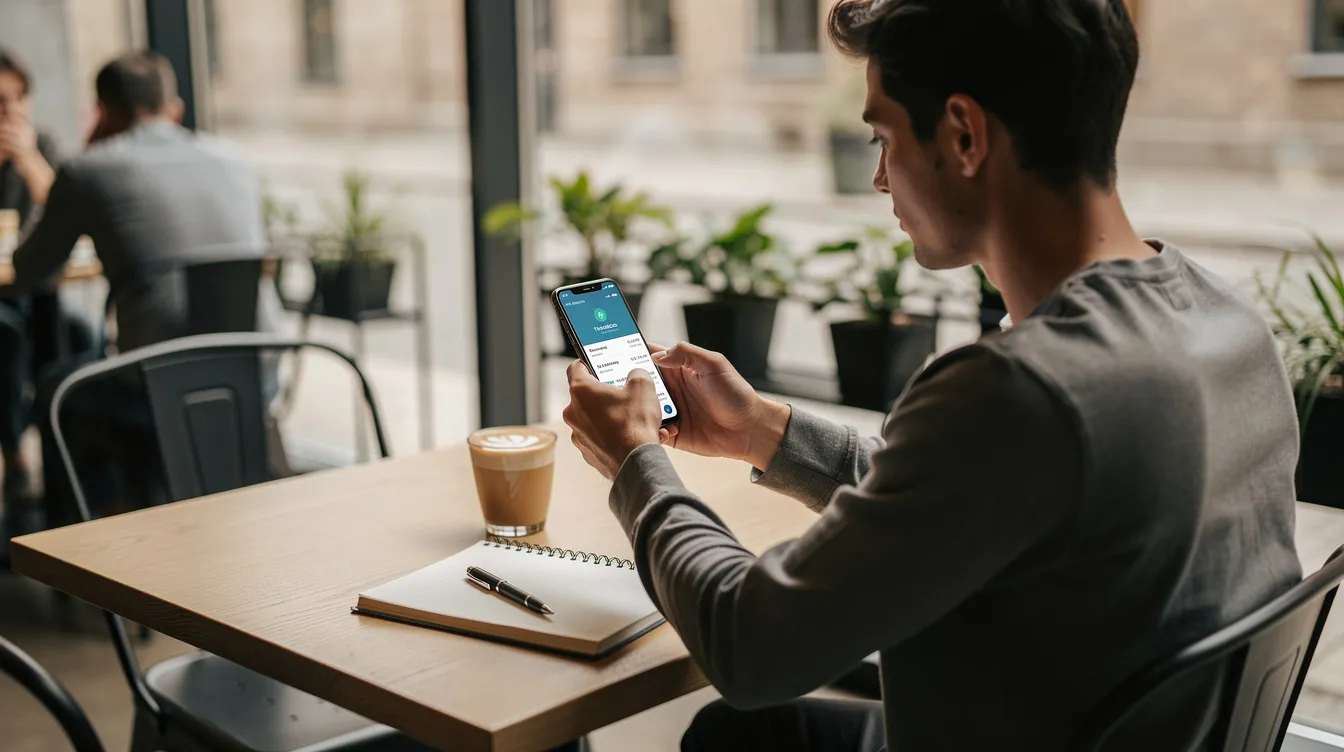 A young person is sitting in a modern cafe, intently using a smartphone to access their banking app, likely managing their Polish bank account or checking their savings account. The scene reflects the convenience of online banking services offered by various banks in Poland, such as Alior Bank and PKO Bank Polski.
