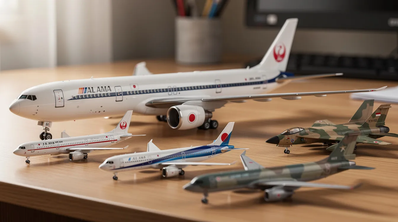 A collage of various die-cast airplane models is displayed on a desk, featuring a Japanese wide-body airliner alongside a military jet model, showcasing the incredible detail of these collectible aircraft. This scene evokes the atmosphere of an airplane shop, perfect for enthusiasts looking to add to their collection during a memorial day sale.