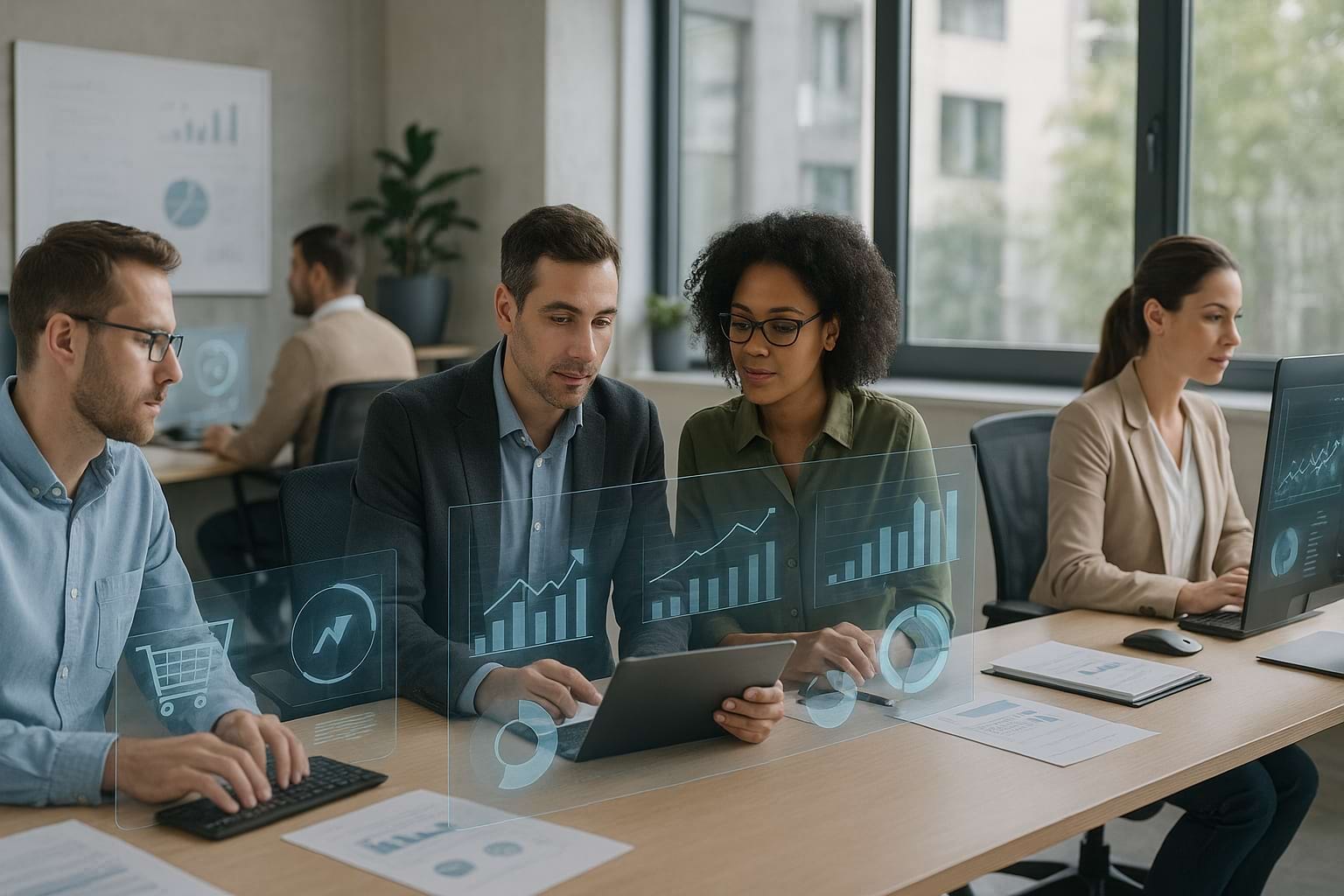 Ecommerce management professionals collaborating in a modern office with digital analytics holograms and computers.