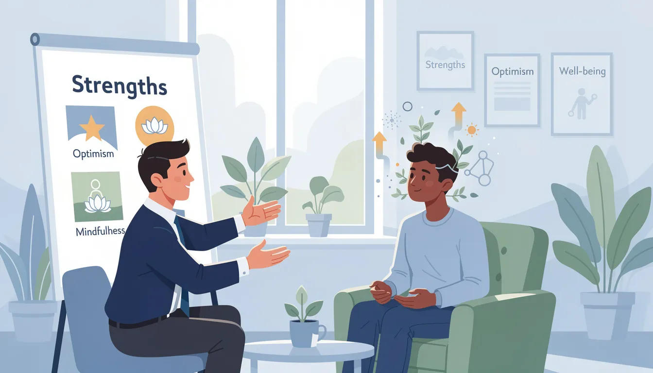 The image illustrates the concept of positive psychology in coaching, showcasing a diverse group of individuals engaged in a coaching session. They are participating in activities that promote a positive mindset, focusing on techniques that help clients overcome mental barriers and achieve their goals, ultimately fostering personal transformation and emotional intelligence.