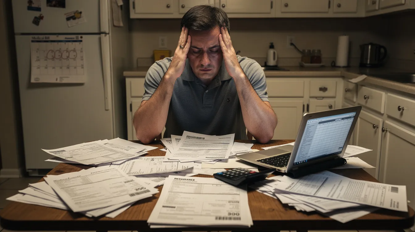 The image depicts a person sitting at a kitchen table, overwhelmed by a pile of medical bills and paperwork, reflecting the stress many injured workers face during the workers compensation claims process. This scene highlights the emotional burden of navigating medical treatment and insurance claims after a workplace injury.