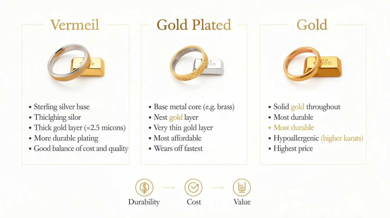 The image illustrates the key differences between gold vermeil, gold plated, and solid gold jewellery, highlighting their compositions and quality. It features examples of each type, including gold vermeil pieces with a thick layer of gold over sterling silver, gold plated jewellery with a thin layer, and solid gold items that showcase real gold's luxurious look.