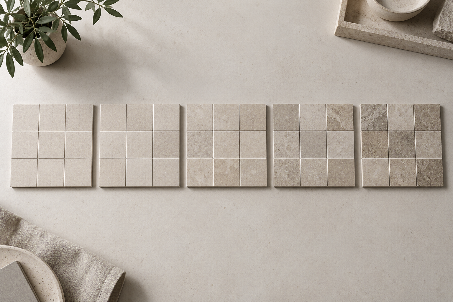 Neutral mosaic tile sample boards displaying variations from light beige to warm gray stone tones.