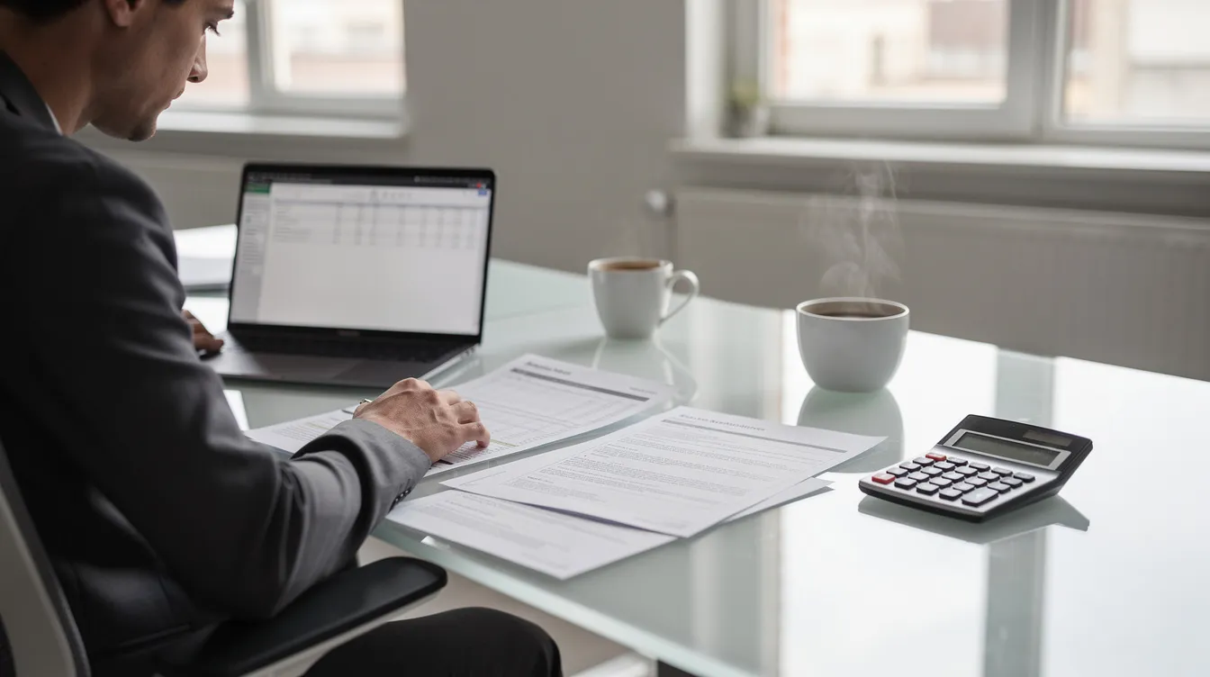A person is seated at a desk, focused on reviewing financial documents with a laptop and calculator in front of them, while a cup of coffee sits nearby. This scene reflects the process of managing personal finances, possibly related to a "私人 貸款" application or calculating "每月 還款 額."