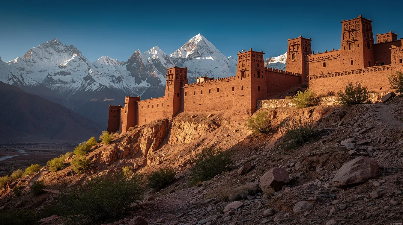 The image features a dramatic clay kasbah situated on a hillside, with the snow-capped peaks of the Atlas Mountains in the background, all under a clear blue sky. This picturesque scene captures the essence of Morocco's rich history and stunning landscapes, reminiscent of the breathtaking views experienced during a Marrakech to Fes desert tour.