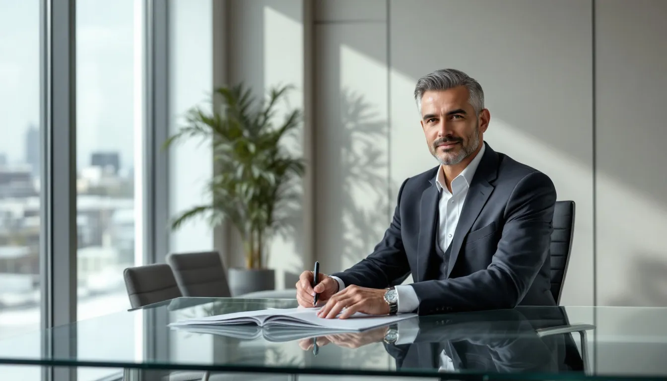 An attorney providing legal services, showcasing a professional law office environment.