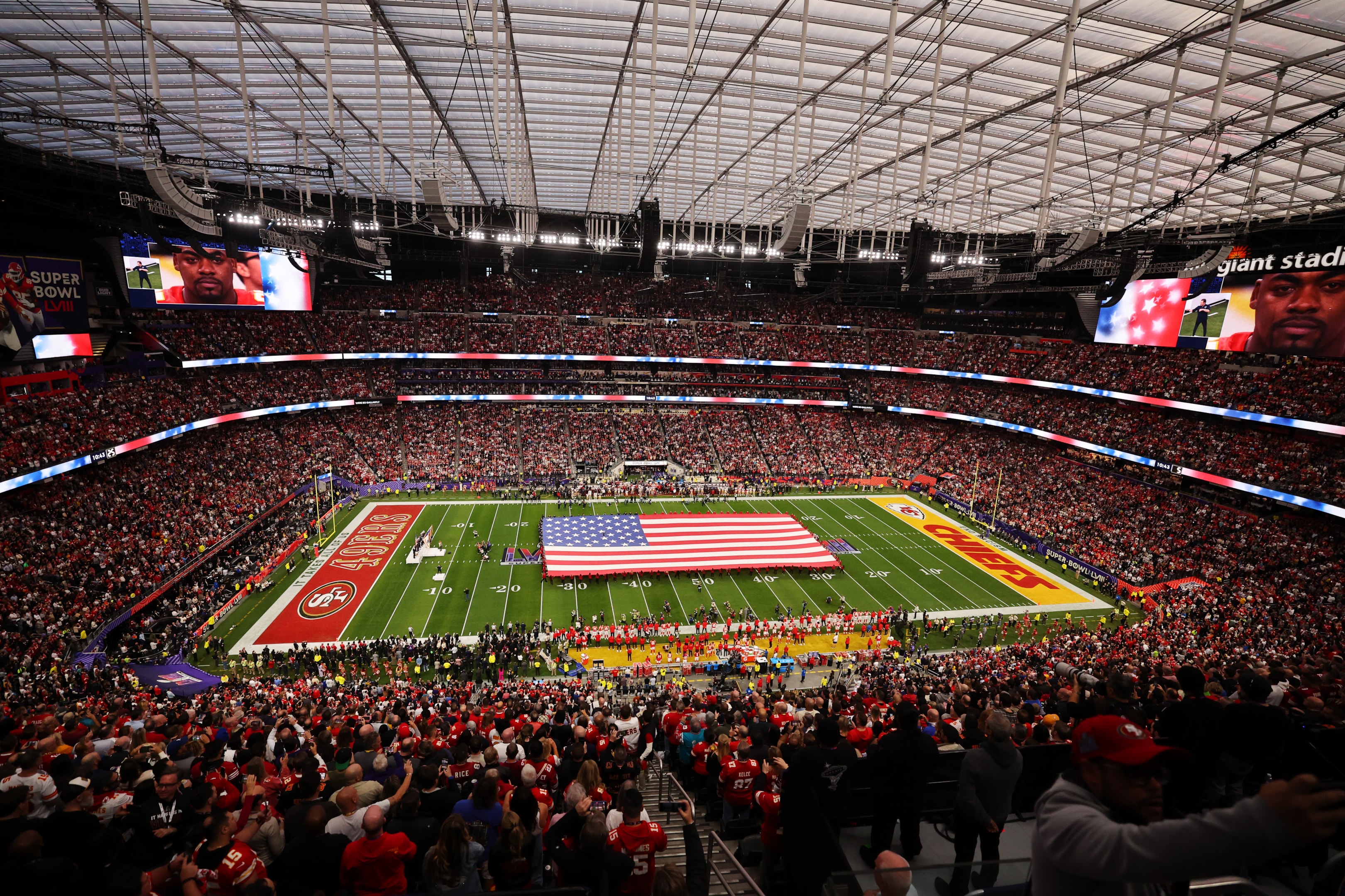 View of the stadium prior to Super Bowl LVIII between the San Francisco 49ers and the Kansas City Chiefs at Allegiant Stadium in Las Vegas, Nevada.