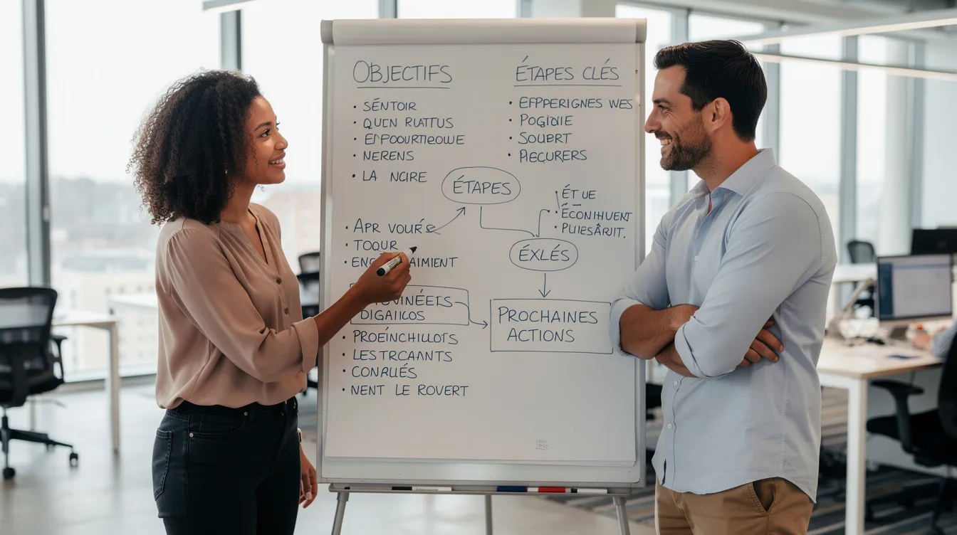 Deux collègues échangent des idées de manière constructive devant un tableau blanc, illustrant l'importance de la communication et de la collaboration dans le cadre des projets au sein de l'entreprise. Cette interaction met en avant des compétences clés pour la gestion efficace des équipes et la réussite des objectifs communs.
