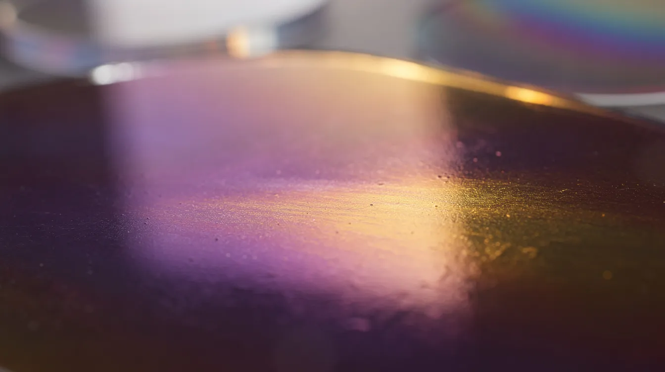 A close-up photograph of a dichroic glass panel showcases a stunning color shift between purple and gold as light interacts with its surface at various angles. The vibrant hues exemplify the dichroic properties of the glass, reflecting and transmitting different wavelengths of light, creating a mesmerizing visual effect.