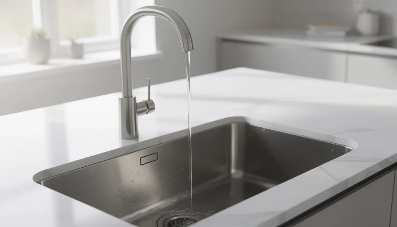 The image depicts a modern kitchen sink with sleek stainless steel fixtures and water running from the faucet, highlighting a clean and efficient water supply. This setup emphasizes the importance of high-quality water and effective water treatment systems for maintaining good drinking water standards.