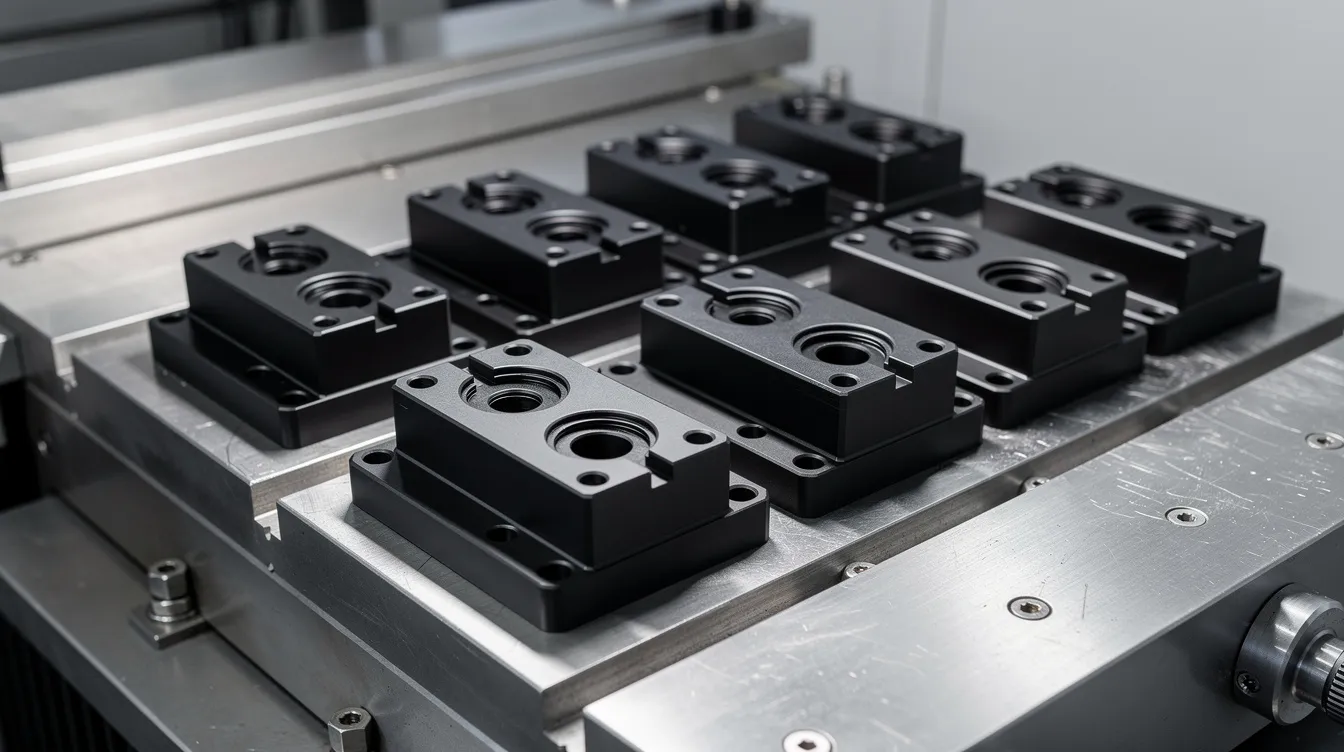 The image depicts industrial aluminum actuator components featuring a dark hardcoat anodized finish, placed on a machining fixture. The anodized aluminum surface showcases a durable oxide layer that enhances corrosion resistance and wear resistance, reflecting the precision of CNC machining processes.