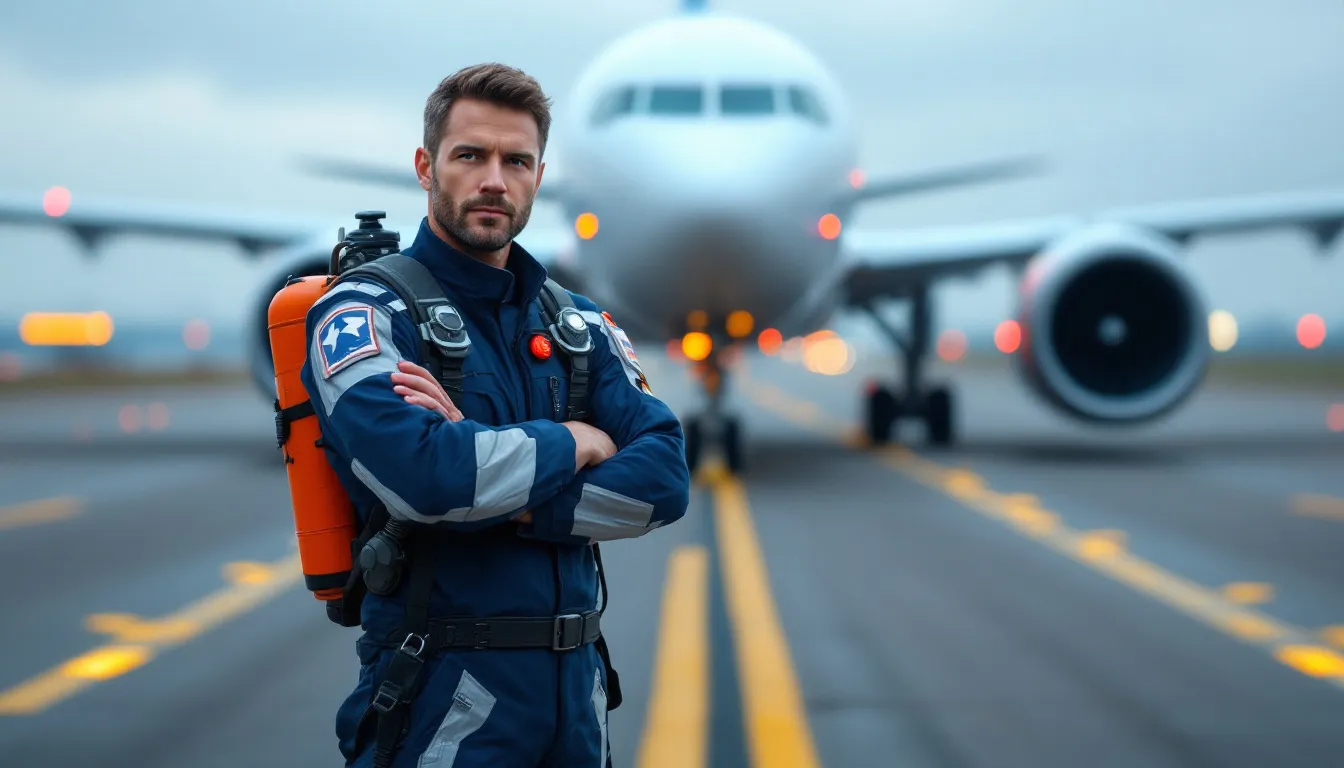 A man dressed in a flight suit stands confidently on an airplane runway, embodying the spirit of a Top Gun Halloween costume. His outfit features aviator glasses and patches, making it a perfect choice for the Halloween season or any themed party.