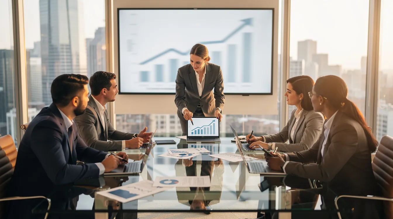 A diverse team of professionals is engaged in a discussion about growth and expansion plans around a conference table, focusing on the SME IPO process and strategies to raise capital for small and medium enterprises. They are reviewing financial statements and preparing for the regulatory approvals necessary for a successful initial public offering.