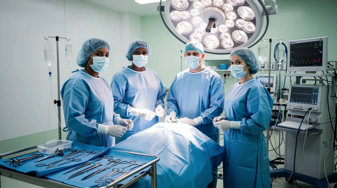 The image depicts a surgical team in a sterile operating room, illuminated by bright overhead lights, with neatly arranged surgical instruments on a tray, ready for a body contouring procedure such as lipo 360 or traditional liposuction to remove excess fat and enhance body contours. The environment reflects a professional setting focused on cosmetic surgery and patient safety.