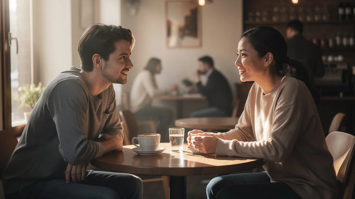 The image depicts two individuals sitting at a cozy café, engaged in a calm conversation over coffee, fostering emotional intimacy as they share their thoughts and feelings. This scene highlights the importance of secure attachment styles in building healthy adult relationships and nurturing emotional connections.