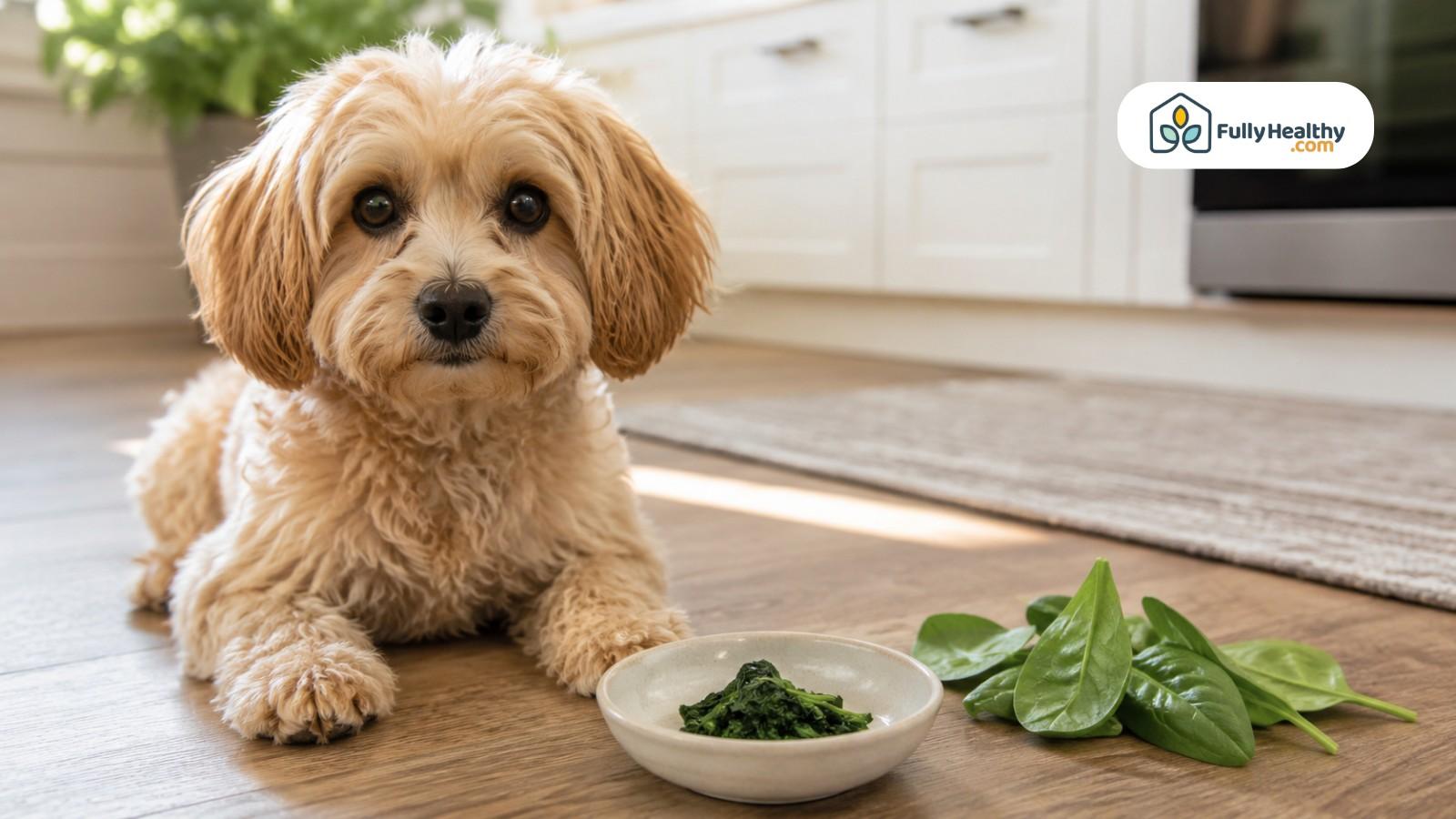 Small dog beside bowl of steamed spinach in bright kitchen