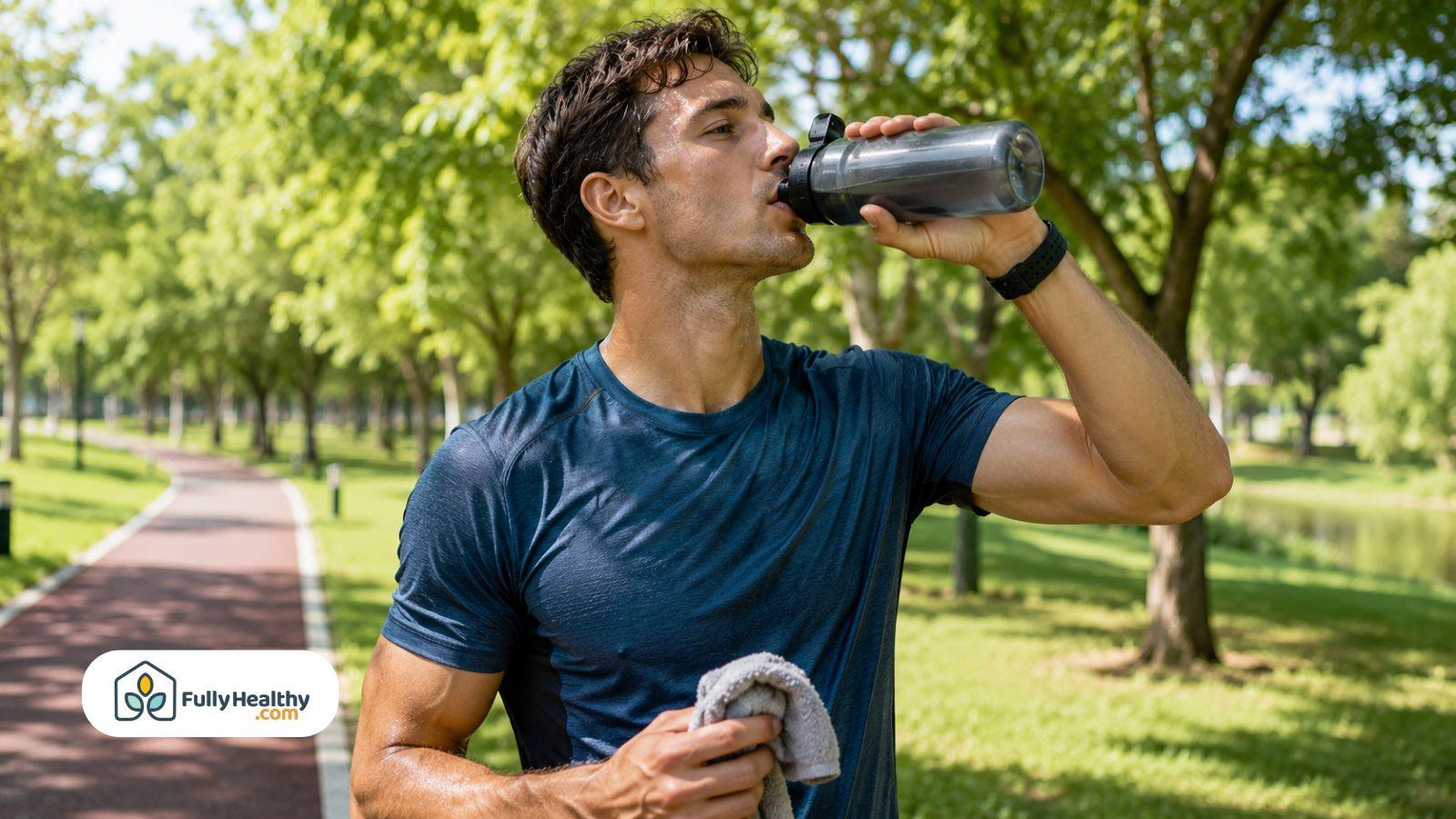 Runner drinking water after exercise in sunny park to stay hydrated naturally