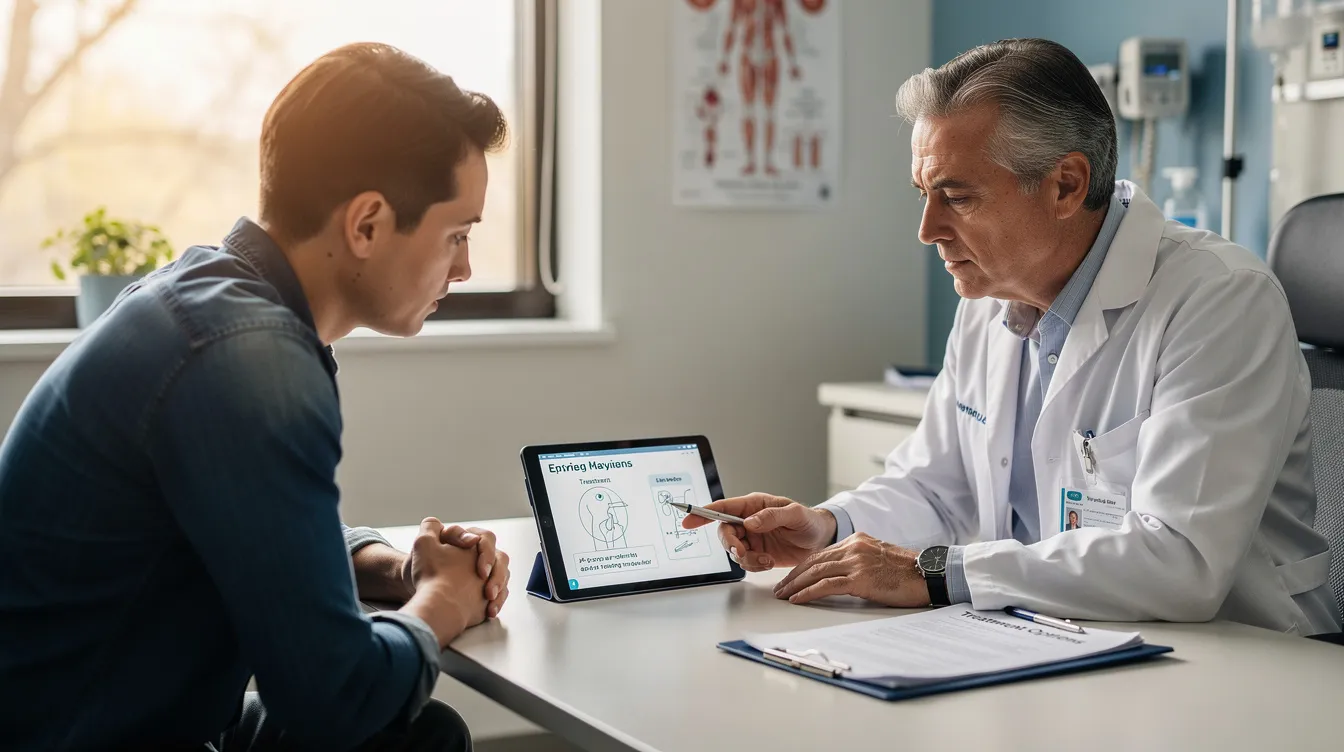 A medical professional is seated at a table with a patient, discussing various cancer therapies and treatment options. They are reviewing the effectiveness of different approaches, including the potential health benefits of supplements like nicotinamide riboside, which may support DNA repair and combat aging in the body.