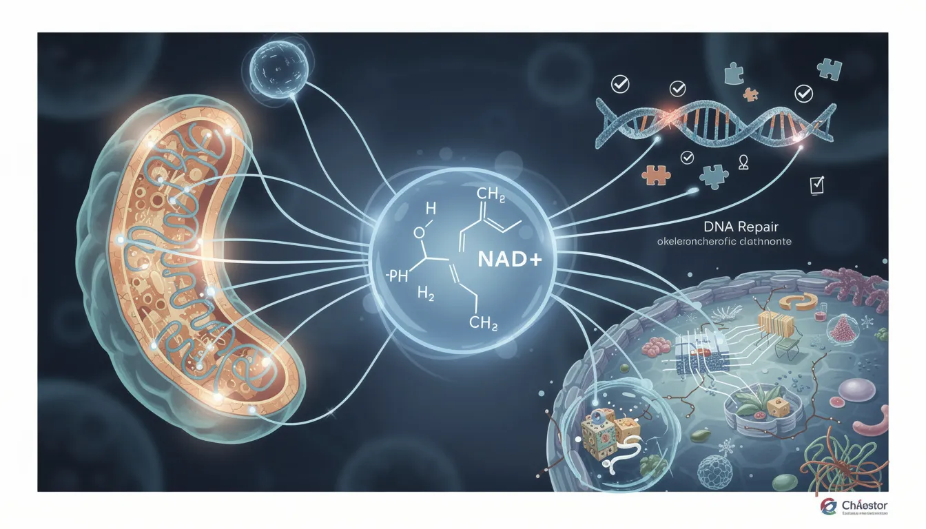 The image depicts a conceptual illustration of an NAD+ molecule at the center, with visual connections extending to mitochondria, symbols representing DNA repair, and various cellular structures. This composition highlights the role of NAD+ in cellular functions, including its influence on telomere length and biological aging in human cells.