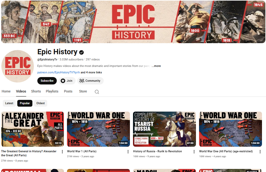 Epic History homepage.