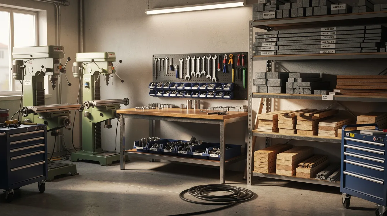 503d4b03 77ee 4ab3 8d69 d44aeb478f84 The image depicts a small workshop filled with various machinery and neatly organized raw materials, showcasing a well-structured environment ideal for manufacturing processes. This setup highlights the importance of having a detailed project report for business loans, such as a Mudra loan, to support financial projections and operational efficiency.