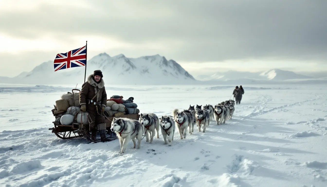 In an early 20th century polar expedition scene, a team of explorers in heavy wool and leather gear guides a team of smiling Samoyed sled dogs as they pull supplies across a vast, frozen landscape, with the Union Jack flag waving on the sled. The low arctic sun casts long shadows on the snow, while wind whips across the icy terrain, evoking the spirit of historic explorers like Shackleton and Nansen.