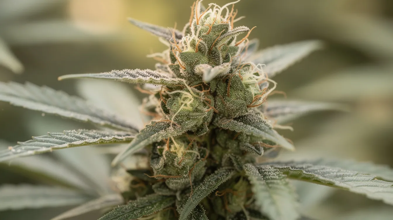 Das Bild zeigt reife Cannabisblüten mit sichtbaren Trichomen, die kurz vor der Ernte stehen. Die Blüten sind üppig und glänzend, was auf einen hohen THC-Gehalt und eine sorgfältige Pflege beim Anbau von Cannabis hinweist.