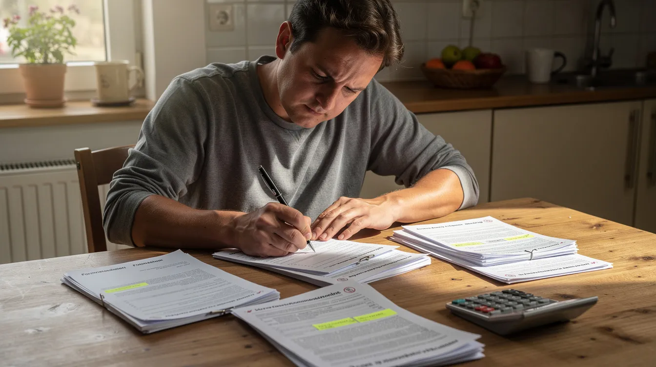 Eine Person sitzt am Küchentisch und füllt einen Antrag für Wohngeld aus, während neben ihr Unterlagen und ein Taschenrechner liegen. Diese Szene zeigt den Prozess der Antragstellung für finanzielle Unterstützung bei Wohnkosten.