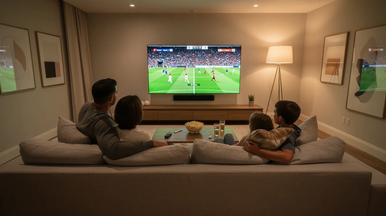 A modern living room features a large wall-mounted TV showing a vibrant soccer match, while a family sits on a comfortable couch, watching intently. This scene highlights the enjoyment of high-quality streaming and live sports, showcasing the benefits of reliable IPTV services for a premium viewing experience.