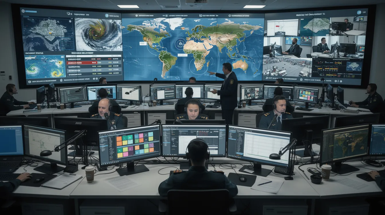 The image depicts an emergency operations centre where personnel are actively coordinating disaster management efforts at their computer stations, showcasing a collaborative approach to emergency management. This setting emphasizes the importance of coordinated response and preparedness in handling emergencies and natural disasters effectively.