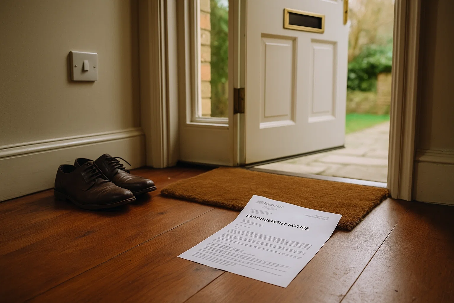 Letter from Marston Holdings marked enforcement notice lying on a hallway floor inside a UK home.