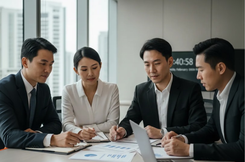 Four professionals in business attire reviewing charts and documents around a conference table in an office.