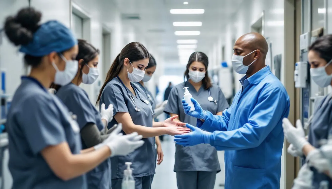 In a healthcare setting, frontline healthcare workers are practicing proper hand hygiene techniques under the guidance of an infection control specialist, emphasizing the importance of infection prevention and control measures to reduce healthcare-associated infections. The scene highlights the use of appropriate personal protective equipment and the commitment to ensuring adherence to infection prevention protocols.