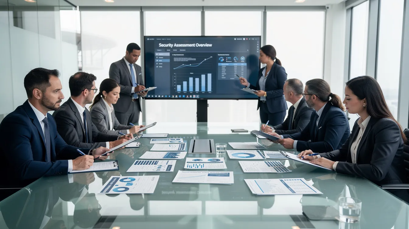 The image shows a group of security professionals gathered in a conference room, intently reviewing assessment documentation related to cybersecurity readiness and risk management. They are discussing key components of a robust cyber resilience strategy to protect sensitive data and enhance the organization's security posture against evolving threats.