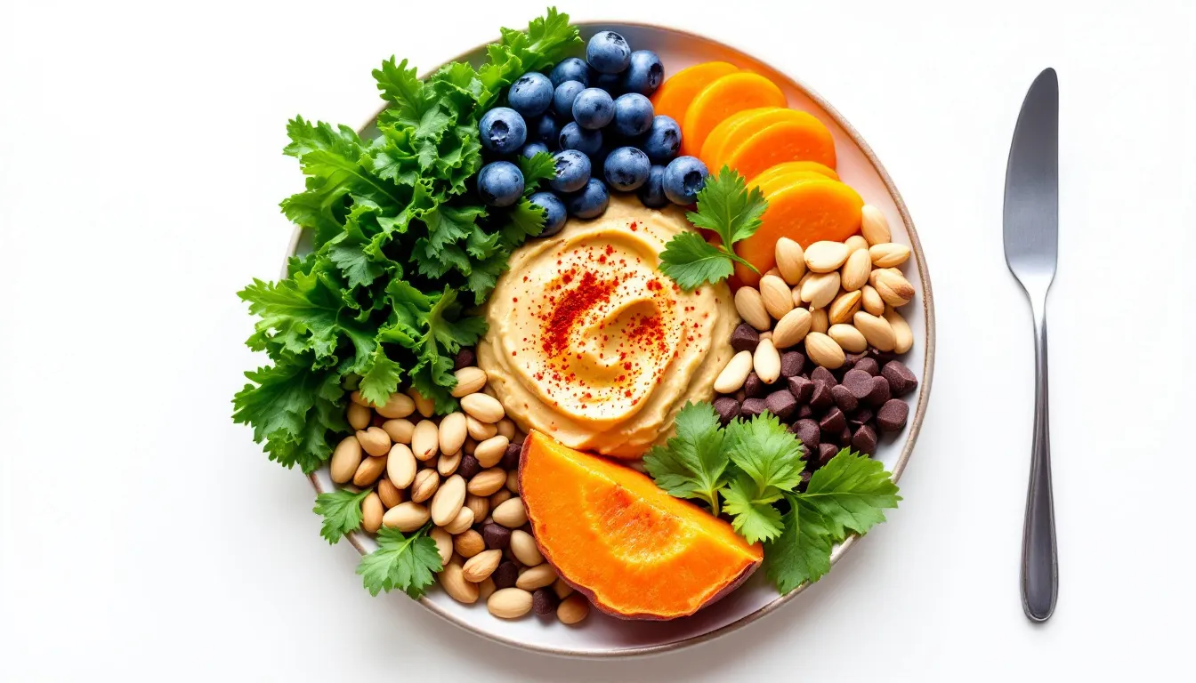 A colorful plate of healthy foods representing nutrition for brain health.