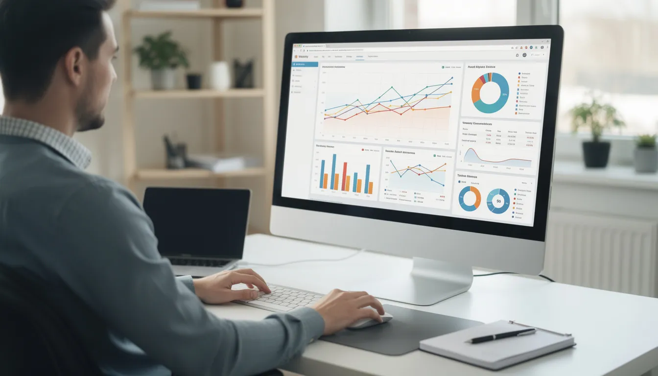 Una persona está trabajando en un ordenador, analizando gráficos de analítica web que muestran el rendimiento de un sitio. En la pantalla se pueden ver datos relacionados con el tráfico, las palabras clave y la experiencia de los usuarios en la sección de preguntas frecuentes de la página.