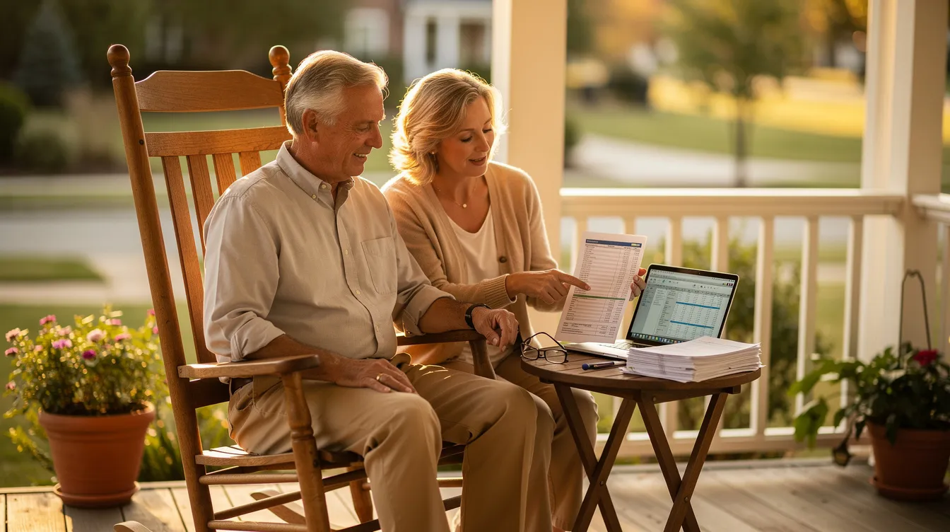 A retired couple sits comfortably on their porch, reviewing financial documents that likely include details about their retirement savings and tax implications. They appear engaged in a discussion about how to manage their taxable income and optimize their retirement income to potentially lower their tax burden in retirement.