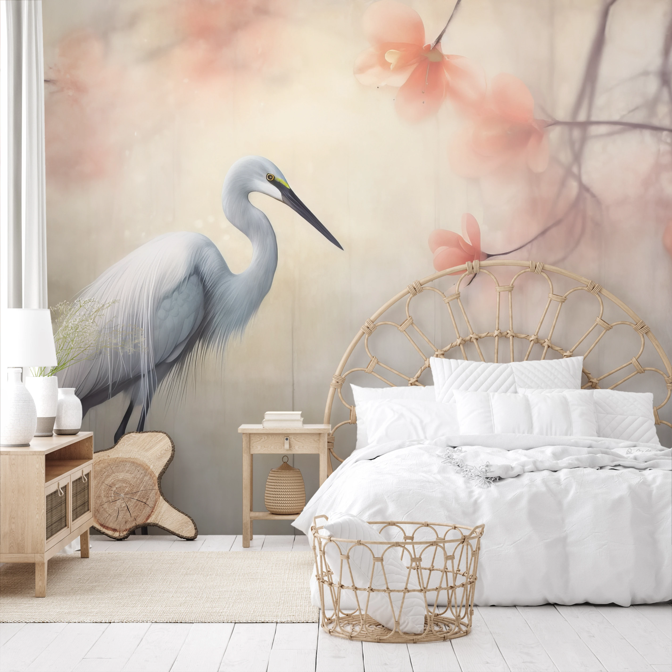 An elegant heron against a background of blurry, pastel flowers that give the wallpaper the feeling of a peaceful morning by the water.
